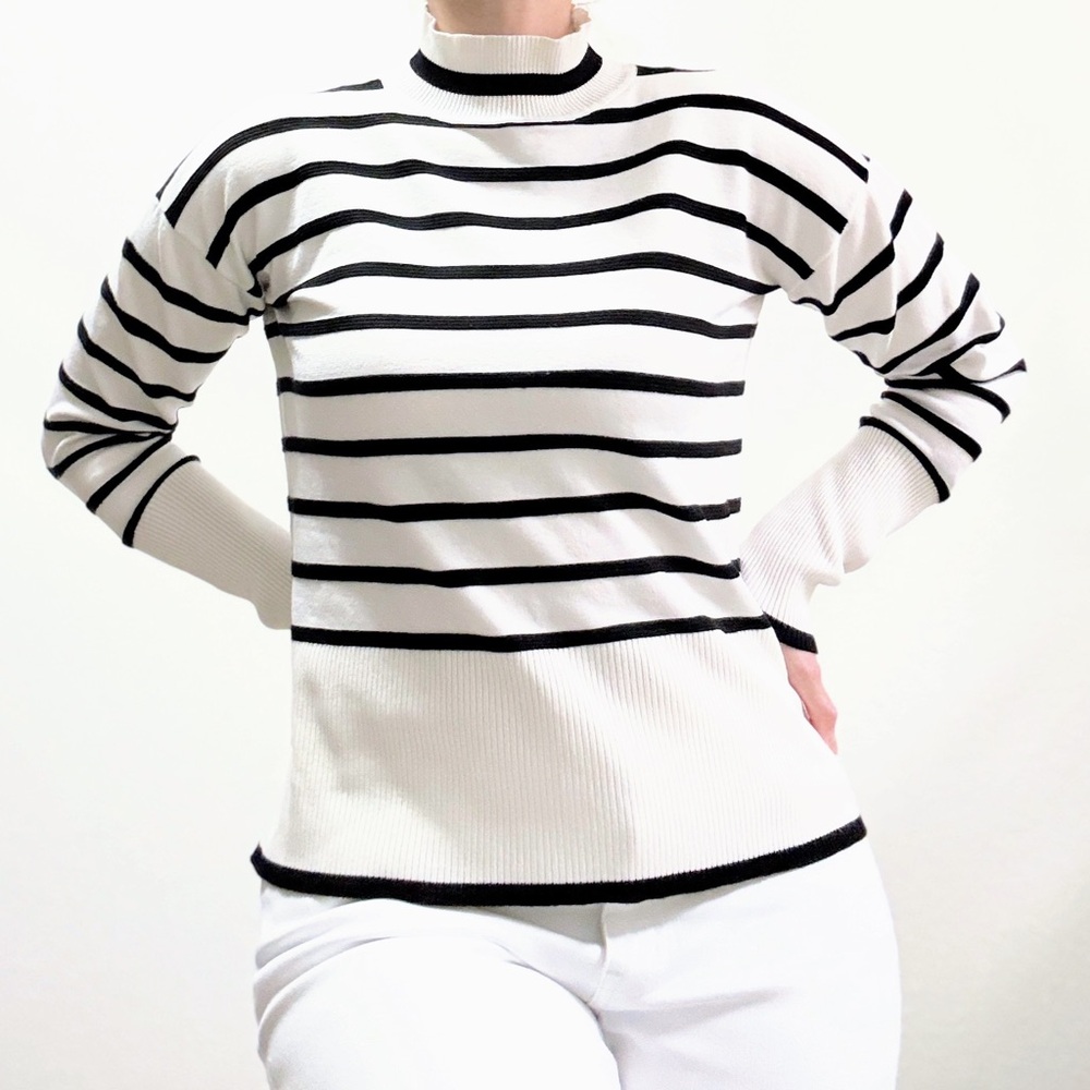 Black White Striped Mock Neck Sweater Soft Knit Zoe + Rachel